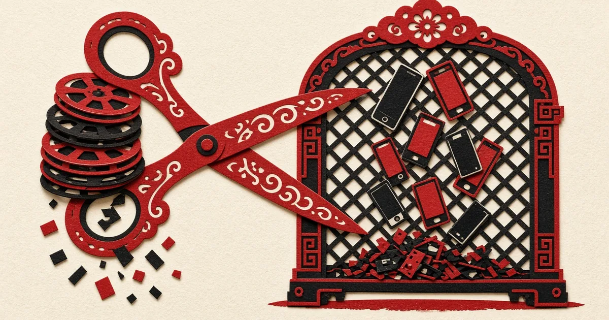 剪纸风插画：传送带上大量竖屏被闸门拦住，只有少数通过，无文字无logo