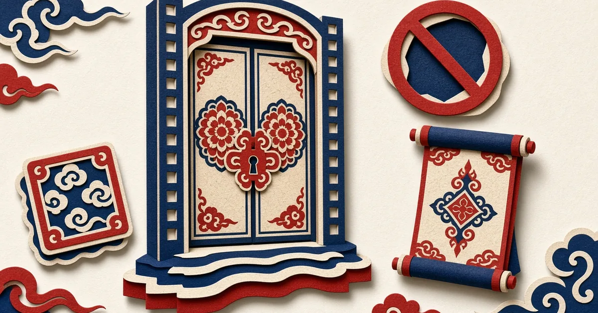 剪纸风插画：竖屏成片停在关闸门前，旁边有标识章、禁止低俗符号与授权文件剪影，无文字