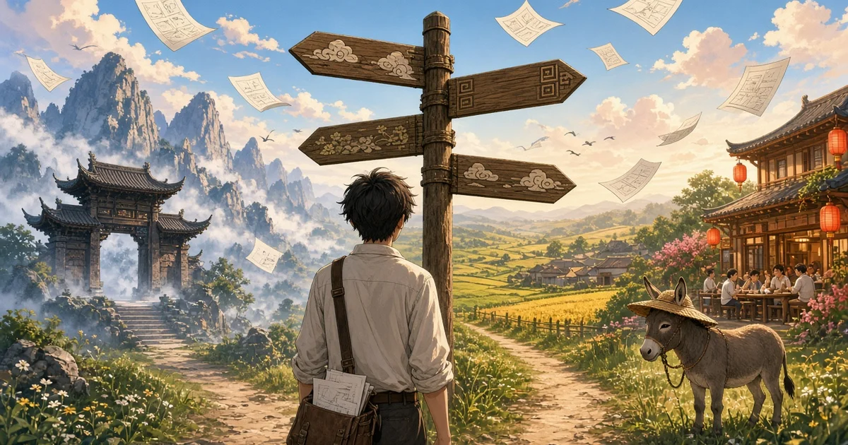 动漫插画：一位年轻创作者站在分岔的路标前，路标通向修仙山门、乡村田园、热闹餐馆和一头戴斗笠的毛驴，天空飘着分镜纸片
