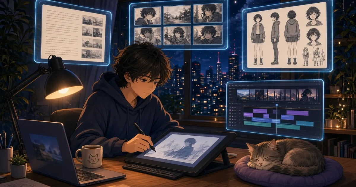 动漫插画:深夜独自在书桌前创作的年轻人,身边浮着剧本、分镜、角色设定和剪辑时间线
