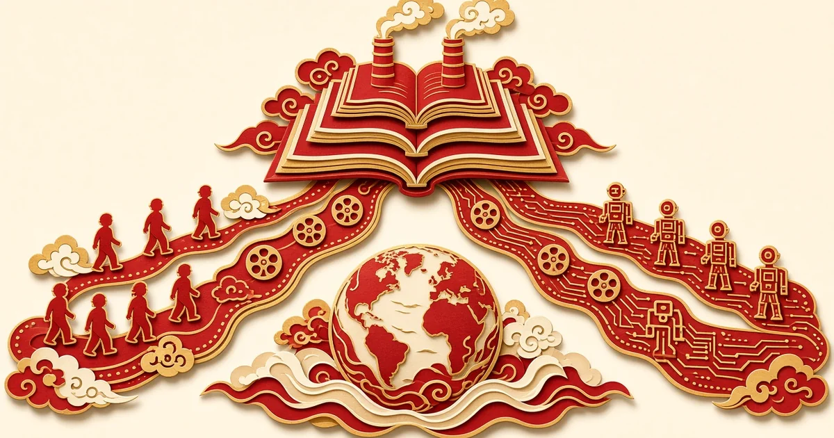 中国剪纸风插画：一本打开的书像工厂一样冒出云纹，两条胶片小路分别走着纸剪人形和电路纹机器人，一起汇向浪花托起的地球，无文字无logo无真人无国旗