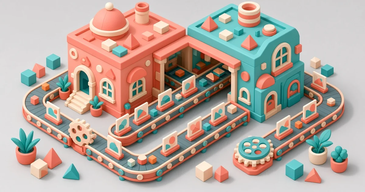 光泽3D科技风插画：两座发光应用模块并轨汇入同一条创作流水线